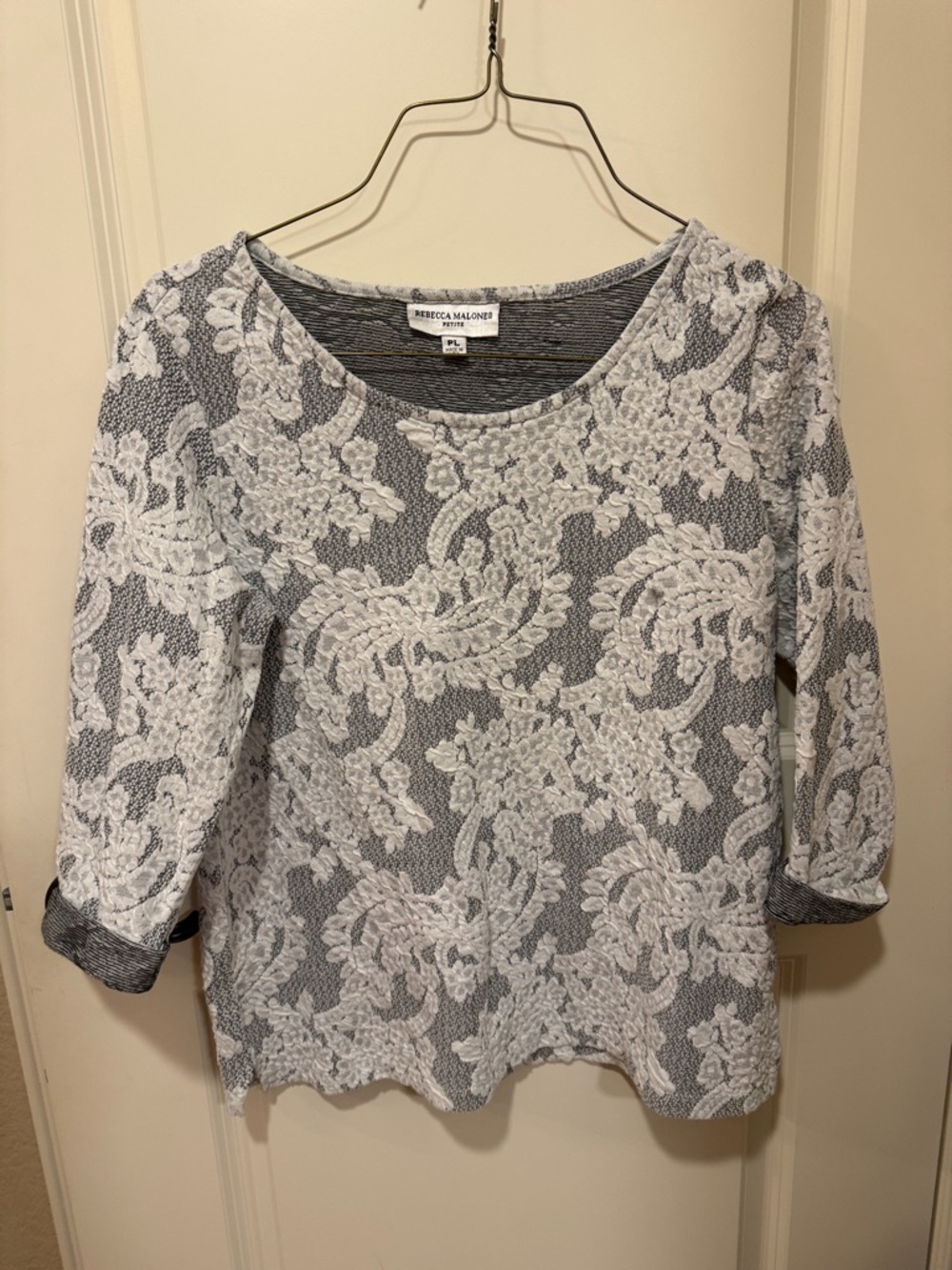Rebecca Malone Gray Top with White Floral Lace-Effect Overlay